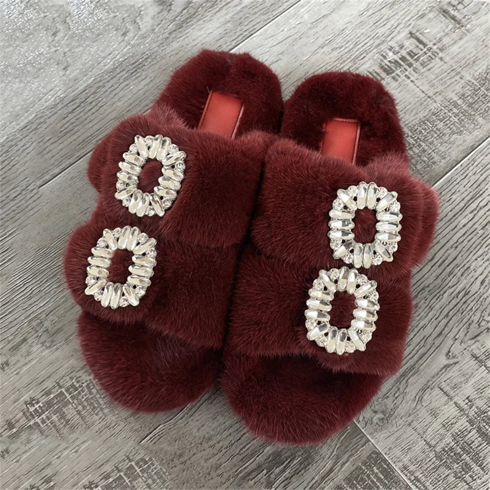 2025 New Women Fur Slippers Shoes Women Warm Winter Crystal Fur Shoes For Women Slippers Casual Plush Comfortable Mink Slippers