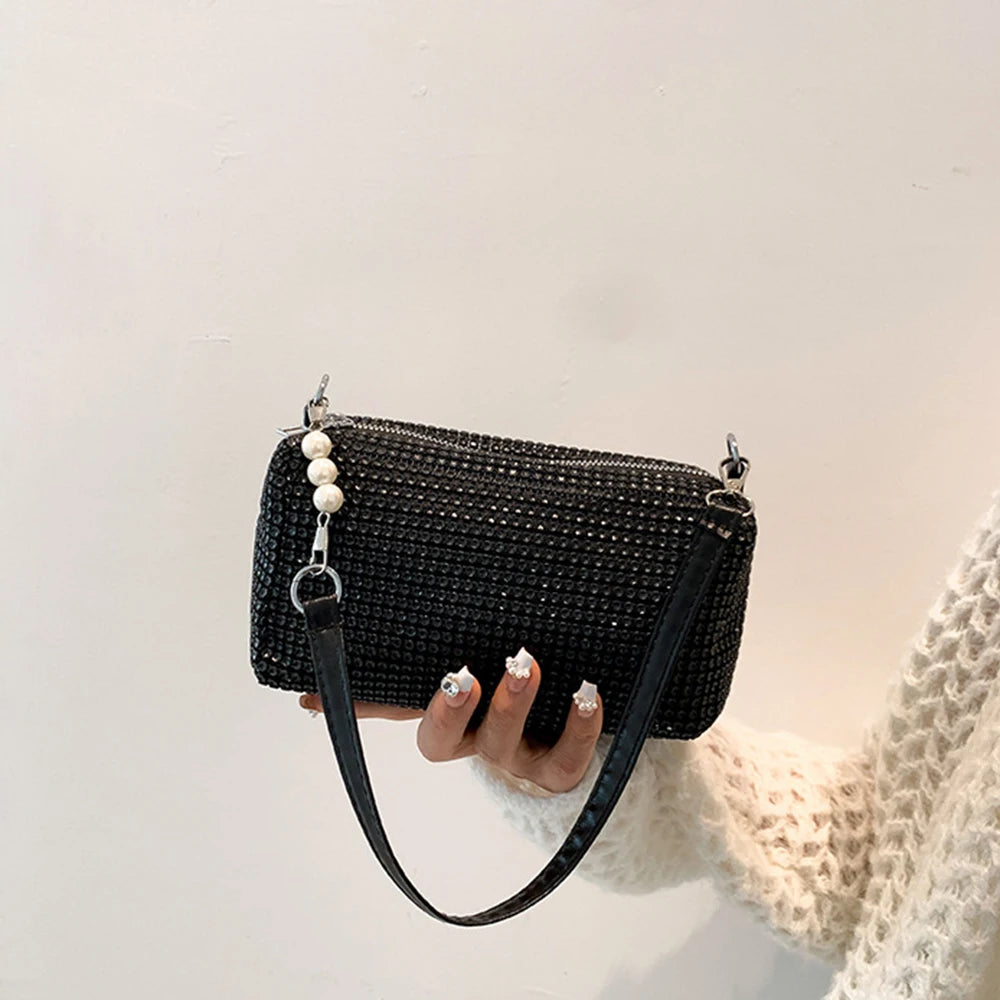 Allover Rhinestone Bucket Bag Waterproof Lightweight Women Crossbody Bag Mini All-match Glitter Chain Prom Purse for Ladies