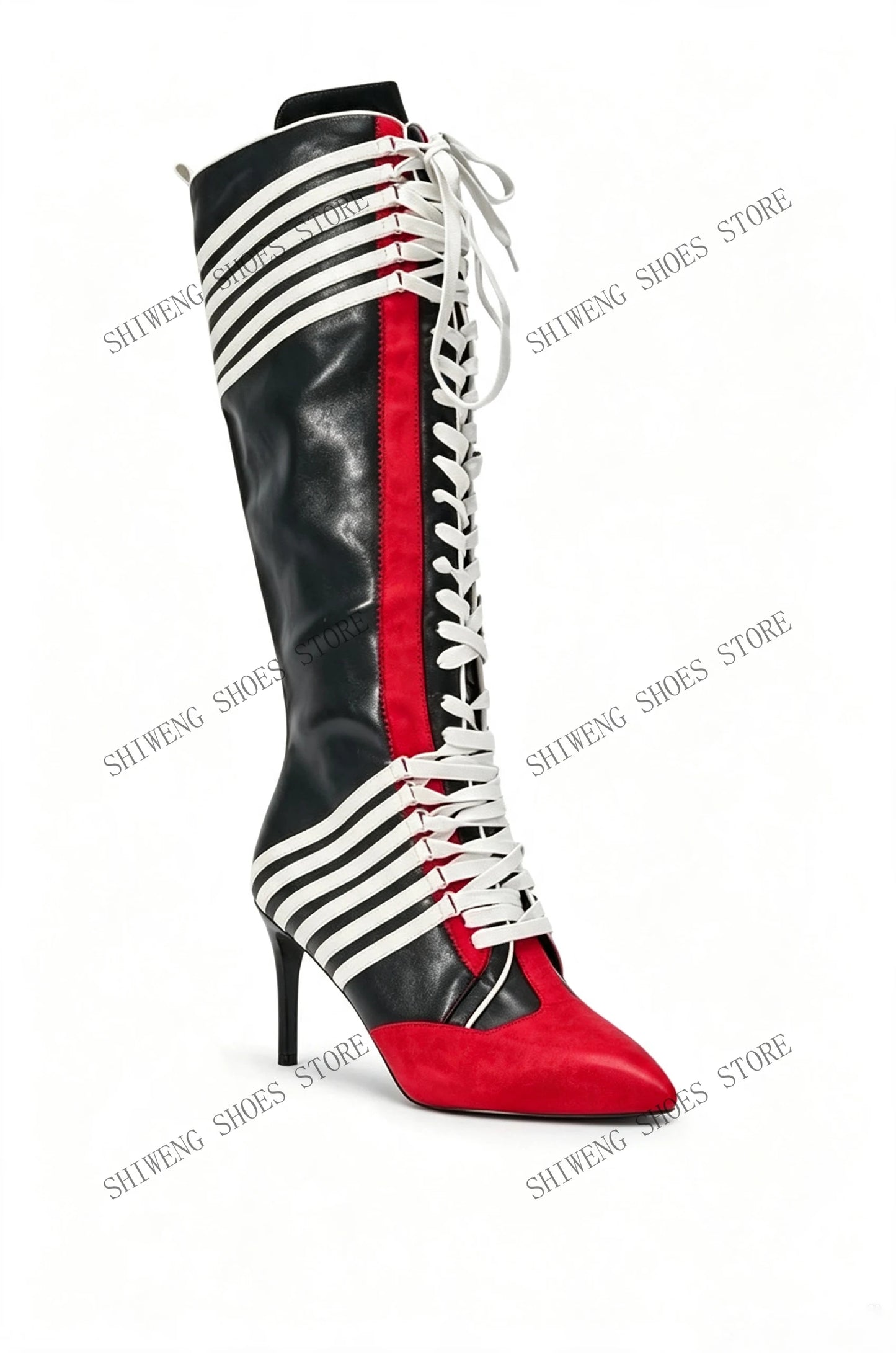 2026 New Black Red Color Block Striped Knee High Boots Women Full Lace Up Thin Stiletto High Heel Fashion Streetwear Long Boots