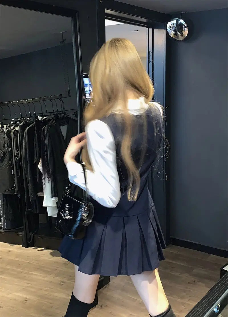 Japan And Korea College Style Jk Set Women's Long Sleeve Shirt Pleated Skirt Strap Dress Set Two Piece Set School Jk Uniform
