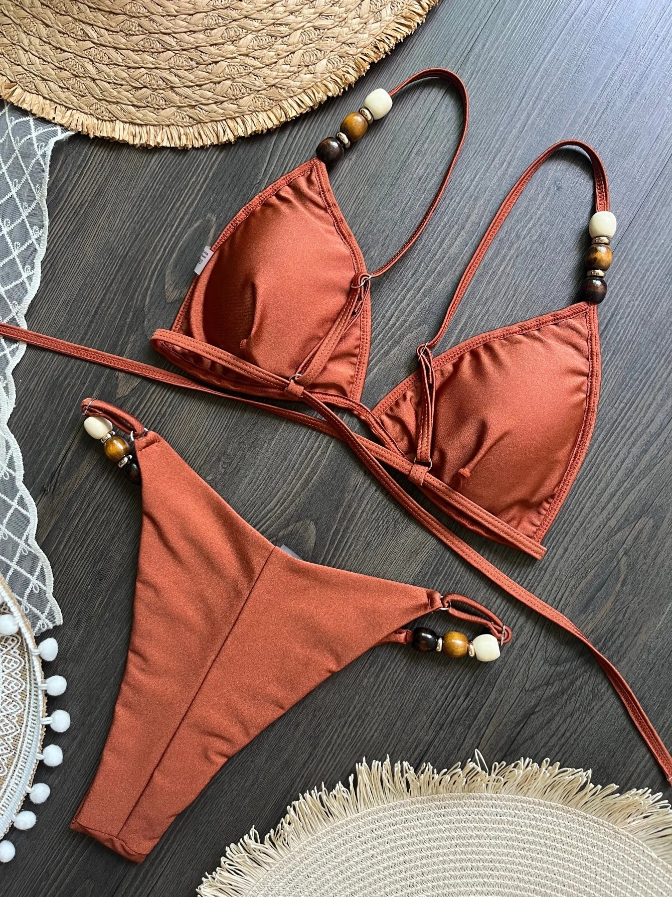 Sexy Brown Bikini Set 2026 Women Pearls Strap Hole Out Push Up Bra Thong Swimsuit Brazilian Beach Bathing Suit Micro Swimwear
