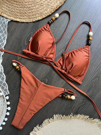 Sexy Brown Bikini Set 2026 Women Pearls Strap Hole Out Push Up Bra Thong Swimsuit Brazilian Beach Bathing Suit Micro Swimwear