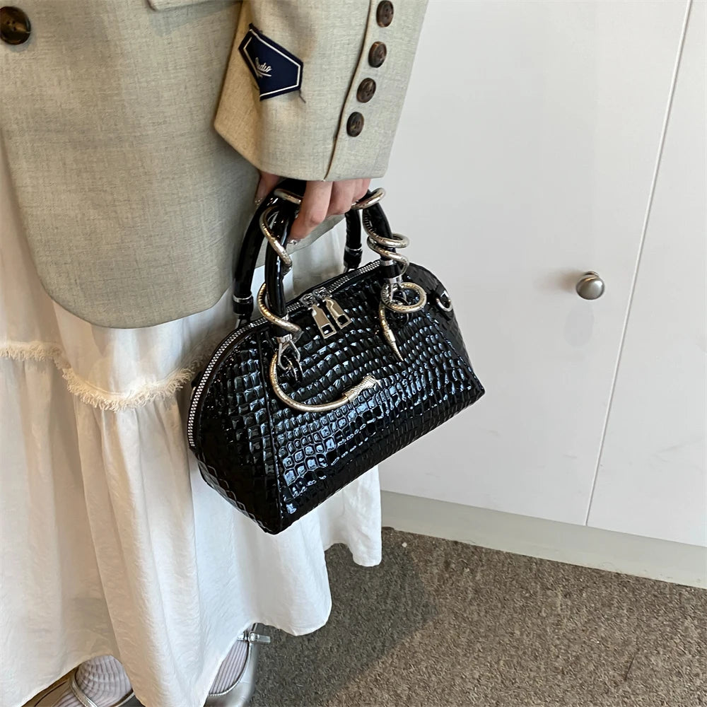 Crocodile Pattern Top-handle Shell Bag With Snake Hardware Wild Shoulder Crossbody Handbags MOODS Designer Luxury Bags For Women