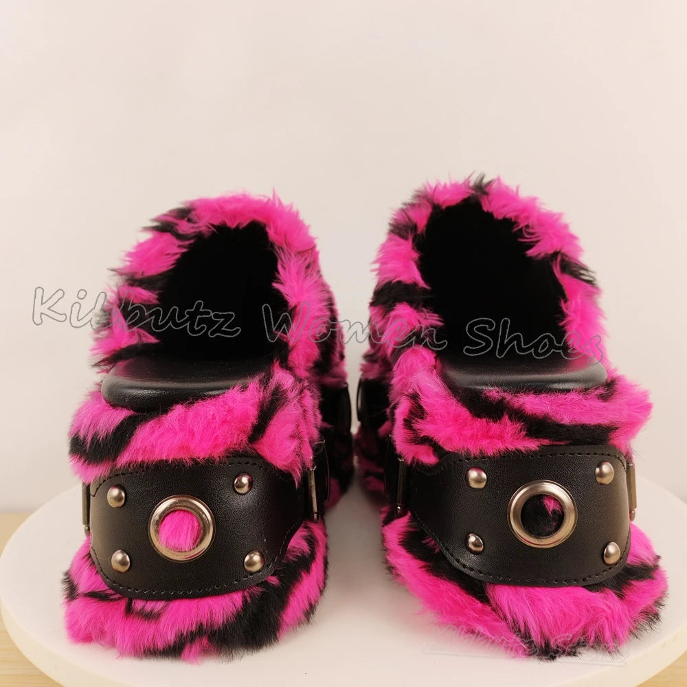 Furry Sandals Platform Rock Novelty Round Toe Thick Bottom Spicy Girl Shoes Punk Rivets Slipper Fashion Luxury Elegant Concise