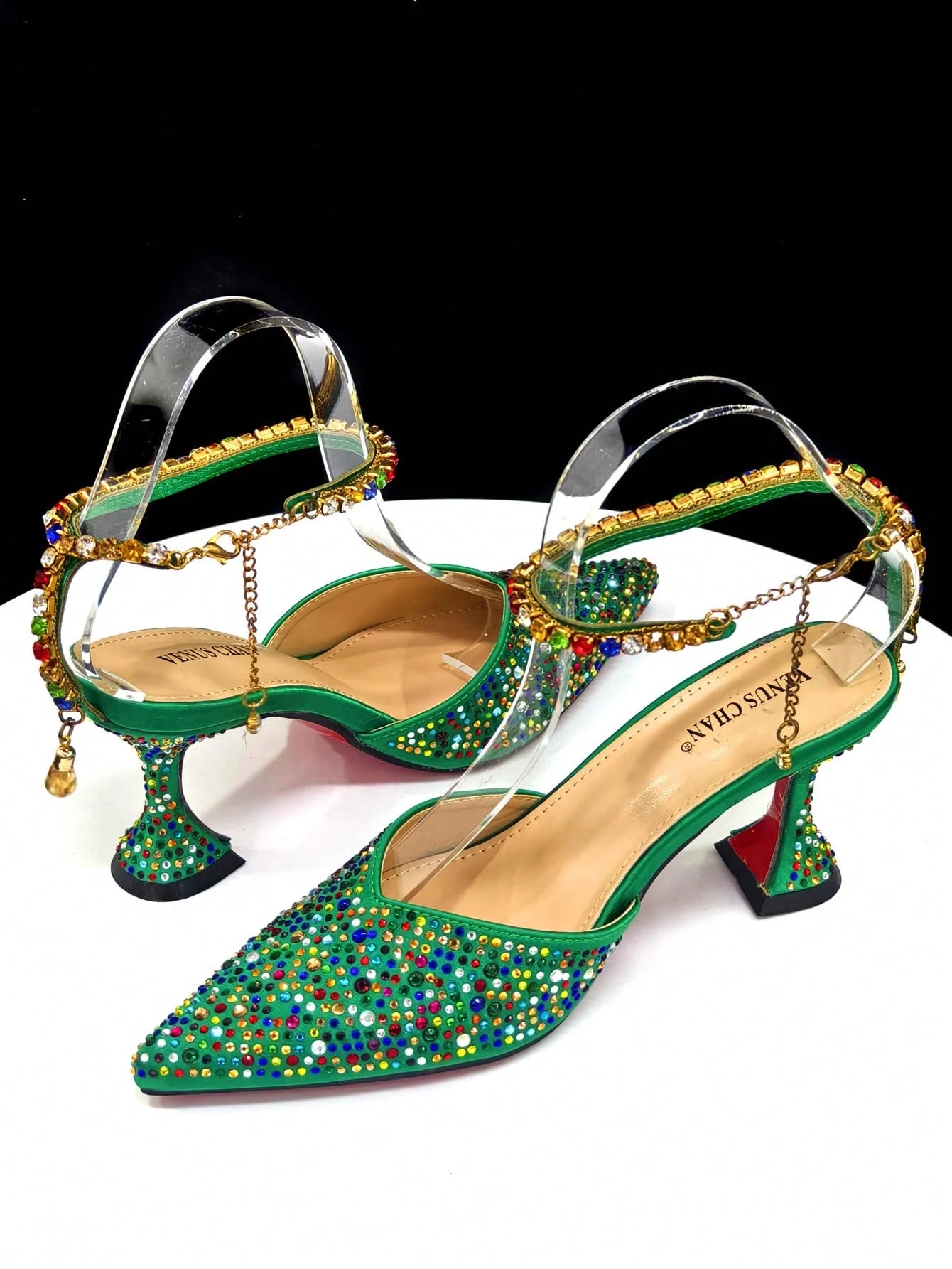 Vemus Chan 2026 New Shiny Italian Fashion Women’s Pointed Toe Heels with Rhinestone Detailing & Matching Green Color Bag Set