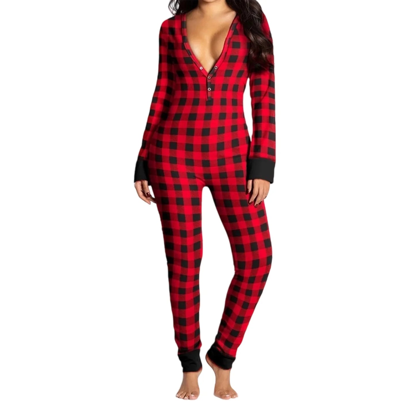 Christmas Women's Jumpsuit Pajamas Long Sleeve V Neck Themed Print Bodysuit Sleepwear with Drop Seat Butt Flap
