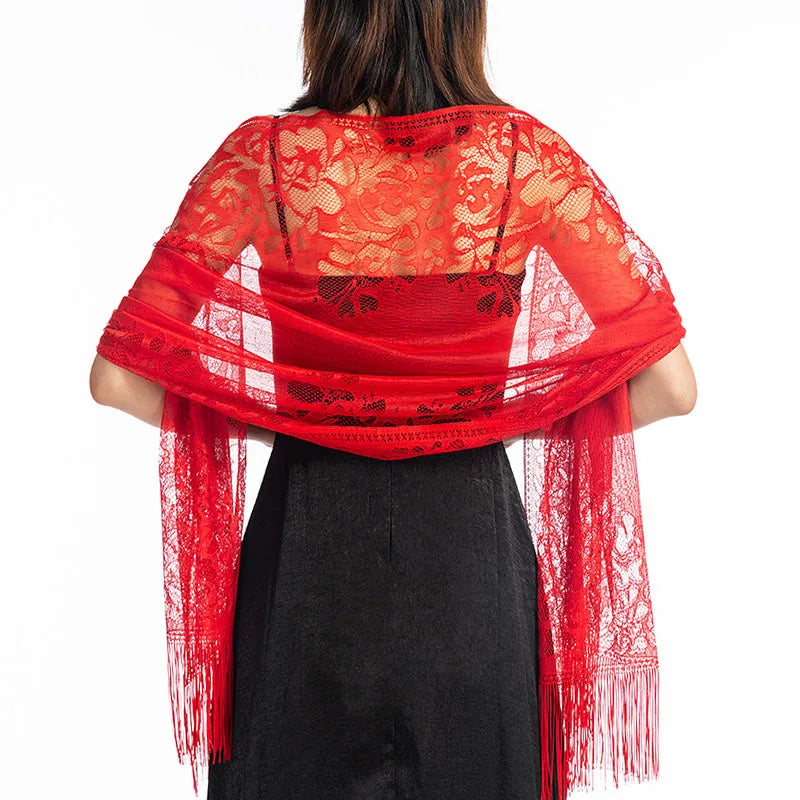 Korean Women Summer Thin Hollow Flower Long Tassel Party Cloak Sunscreen Shawl Sun Clothing Travel Towel Lace Evening Dress Scar