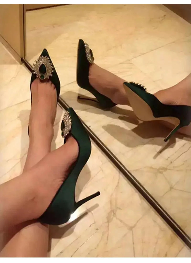 Luxury Diamond Crystal Satin Women Pumps Elegant Pointed toe Stiletto High heels Spring Autumn Fashion Wedding Banquet Shoes