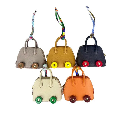 Leather Mini Bag Charm With Cute Wheels - Earphones & Lipstick Pouch with Dual Straps-PU Leather-Ideal For Bag Accessory