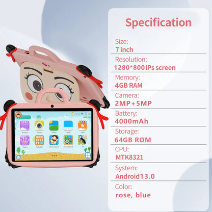7 Inch New Cartoon Pattern Tablets For Study Education Games Children's Gifts 4GB+64GB ROM Quad Core Dual Cameras WiFi Tablet PC