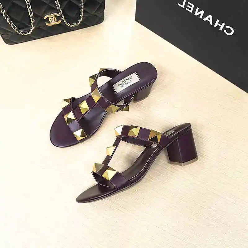 Women's Heels Sandals Gladiator Summer Luxury Brand Designer Rivets Open Toe Slipper Slingbacks Comfortable Ladies Shoes Women