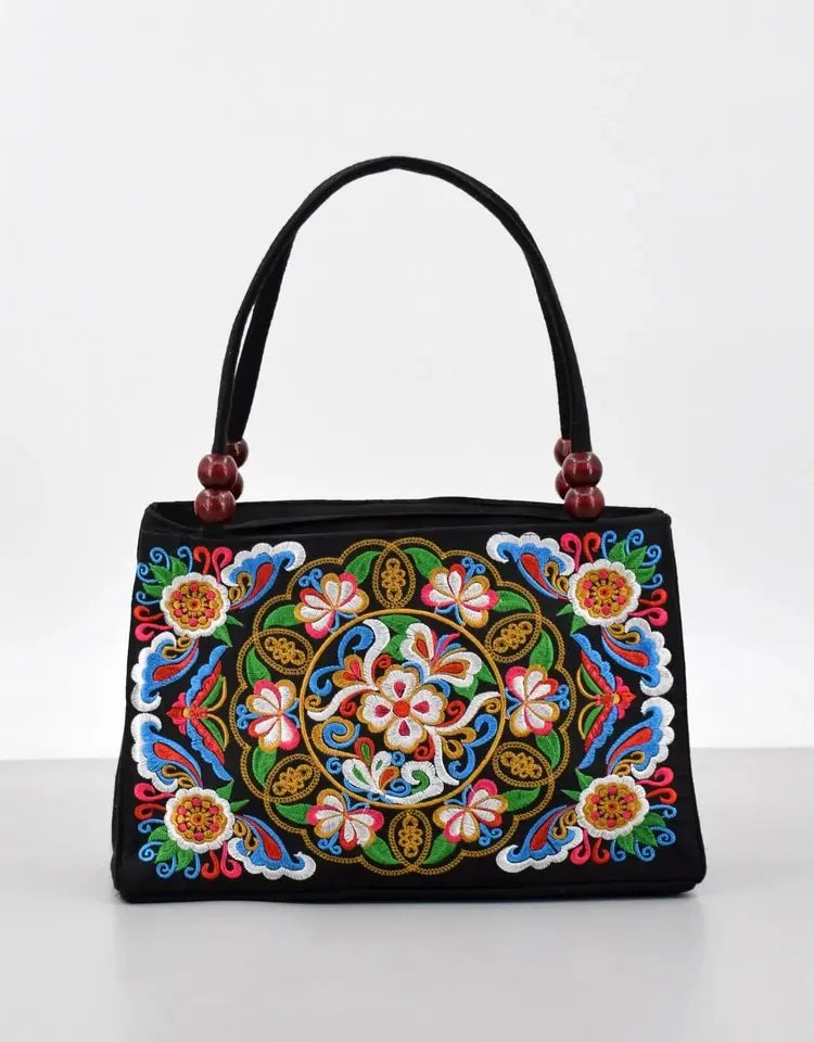 Stylish Floral Embroidered Handbag, Trendy Zipper Canvas Bag, Women's Fashion Purses