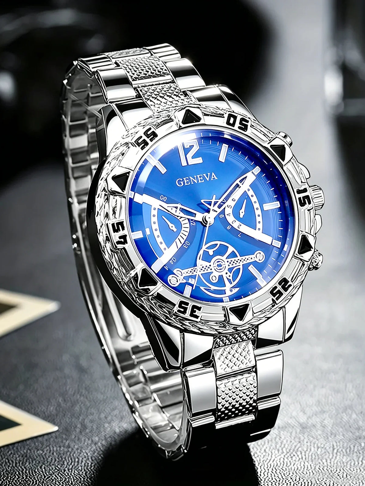 Men 3Pcs Geneva Watch Jewelry Set Blue Dial Quartz Wrist Watch Spear Necklace Rhinestone Ring, Boxes Not Included