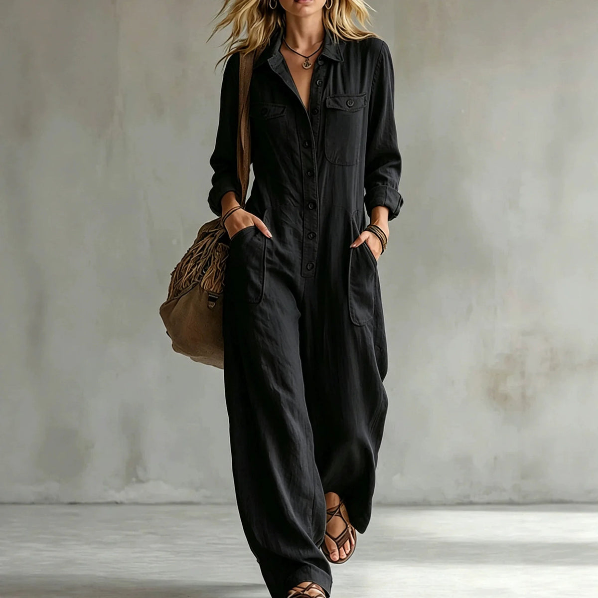 Retro Lapel Buttoned Pocket Solid Loose Commuting Pocket Jumpsuit Women Autumn New Vacation All-match Jumpsuits Women's Clothing