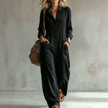 Retro Lapel Buttoned Pocket Solid Loose Commuting Pocket Jumpsuit Women Autumn New Vacation All-match Jumpsuits Women's Clothing