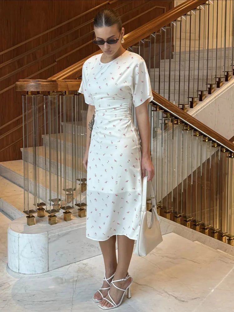 Tossy Floral Print Midi Dress Ruched Dress Round Neck Short Sleeve Fitted Waist Small Flower Print Bodycon Party Clubwear Dress