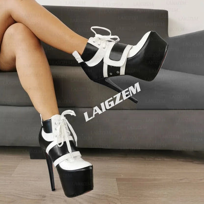 LAIGZEM Women Ankle Boots Round Toe Lace Up Thin High Heels Boots Faux Leather Ladies Shoes Woman Large Size 39 41 43 47 52