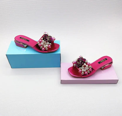 Women Purple Block Heels 3cm Slippers To Match Shoes And Bag Crystal Flowers High Heeled Slides For Summer Fashionable Shoes 43