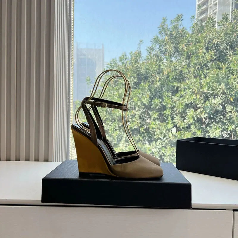 Ankle Strap Patent Leather Peep Toe Summer Women Sandals Wedges High Heel Buckle Strap Design Large Size Fashion Show Shoes