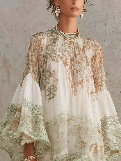 2026 New European and American Style Printed Lotus Leaf Hem Dress for Women, Vacation-Inspired, Loose Fit, Flowing, Stylish Shor