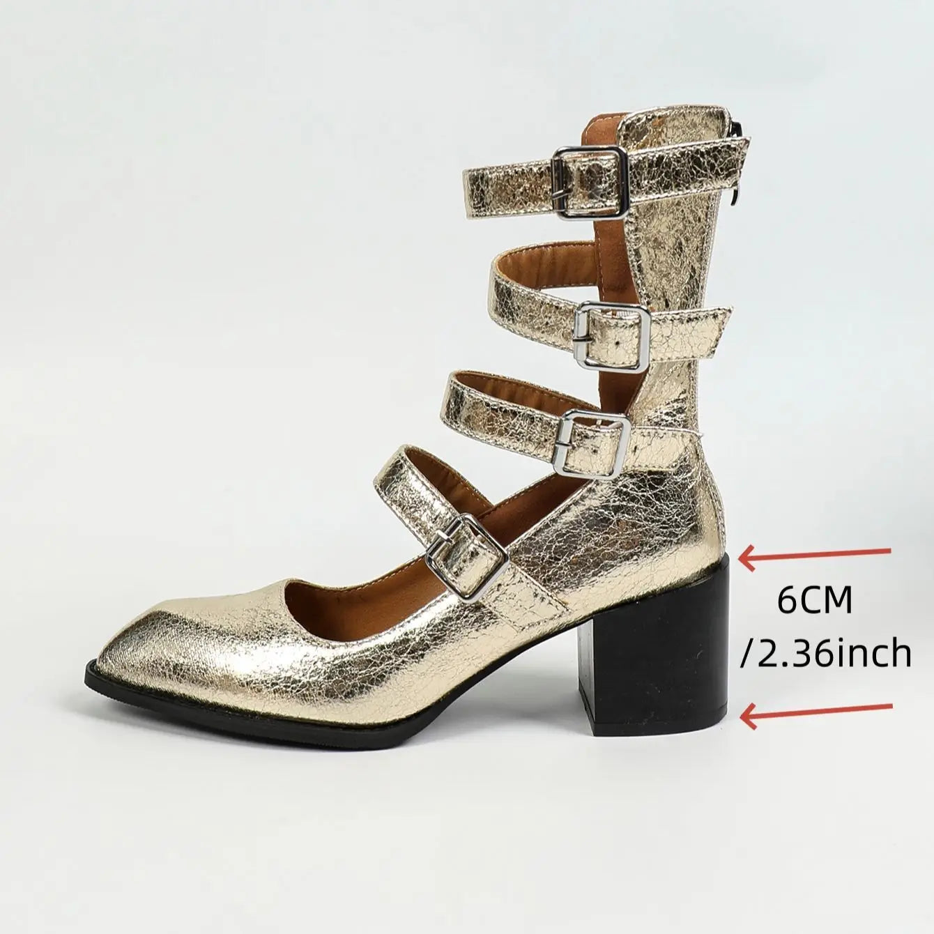 Women Summer Boots Retro Design Belt Buckle Roman Cool Boots High Thick Heel Hollow Golden Silvery Black Sandals for Woman