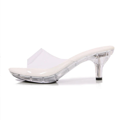 6CM Women's Kitten Heels Slides LED Light Sandals Nightclub Slim Heel Transparent Crystal Outside Slippers Tourist Beach Shoes