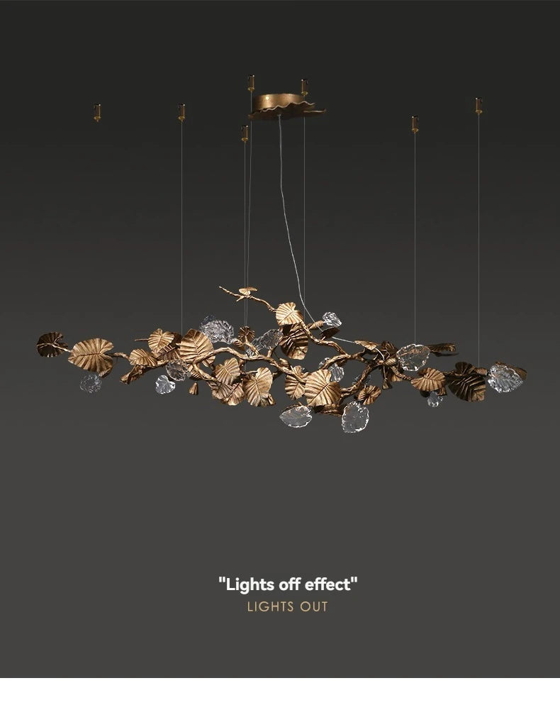 Luxury Copper Branch Chandelier Dining Table Retro Restaurant Light with Leaf Crystal Pendant Lamp Living Room Bar Kitchen Vila