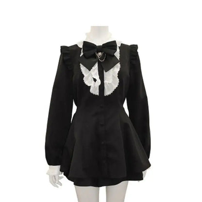 Japanese Style Gothic Y2k Lolita Plaid Rhinestone Bow Dress Shorts Set Sweet Women Puff Short Sleeve Button Shirt Party Dresses