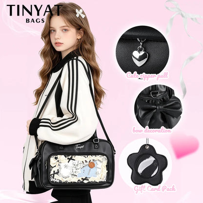 TINYAT PU Y2K Ita Bag Tote Lolita Girl Clear Window Display Message Bag Large Capacity Daily Commuting Handbag for Women School