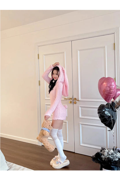 Pink Rabbit Hooded Fluffy Jumpsuits Sweet Zipper Long Sleeve Solid Color Rompers Flannel Onesie Shorts Pajamas Loungewear