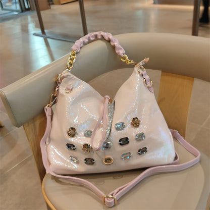 2026 New Fashion Diamonds Women Handbags Genuine Leather Tote Bag Large Capacity Work Commute Leisure Versatile Shoulder Bags