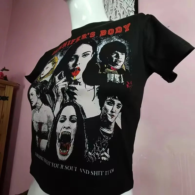 Women's T-shirt Harajuku crop Top Harajuku Retro Korean Black Demon Punk Gothic Anime Print Clothes Slim ropa mujer Y2k