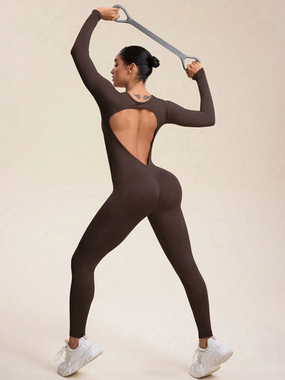 Women Jumpsuits Long Sleeve Sexy Backless Bodycon Rompers Scrunch Butt V Back Playsuit Workout Bodysuit