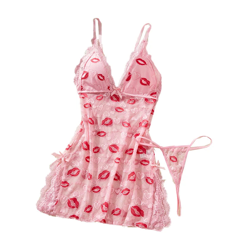 Hot Sexy Women Lace Nightgown Set See Through Pajamas Dress Sexy Deep V Home Valentine's Day Gift Sleeping Skirt Dress