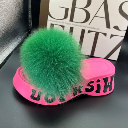 Real Fox Fur Slippers for Woman Luxury 2025 Slippers Summer Woman Sandals Thick Sole Pink Fur Slippers Fluffy Slides for Woman