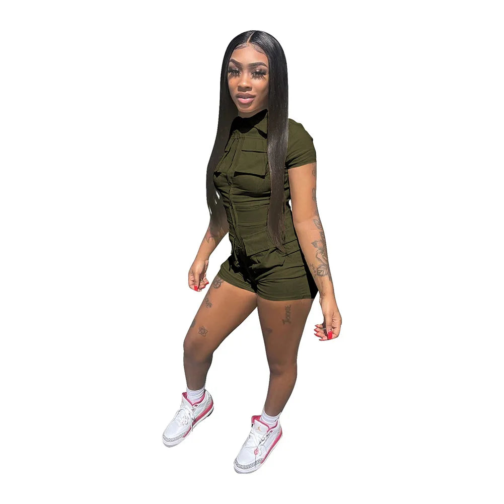 Red Jumpsuit for Woman Short Zipper V Turn Down Short Sleeve Overall Jumpsuit Shorts Casual Pockets Bodycon Rompers 2XL