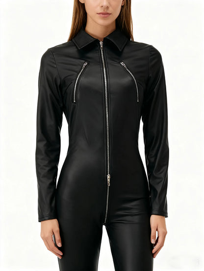 Sexy Black PU Leather Jumpsuit Women Collared Long Sleeve Bodycon Catsuit Zip Pockets Moto Biker Streetwear Clubwear Party Raves