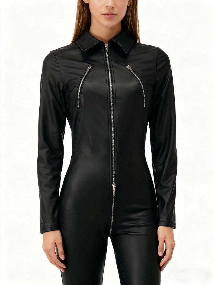 Sexy Black PU Leather Jumpsuit Women Collared Long Sleeve Bodycon Catsuit Zip Pockets Moto Biker Streetwear Clubwear Party Raves