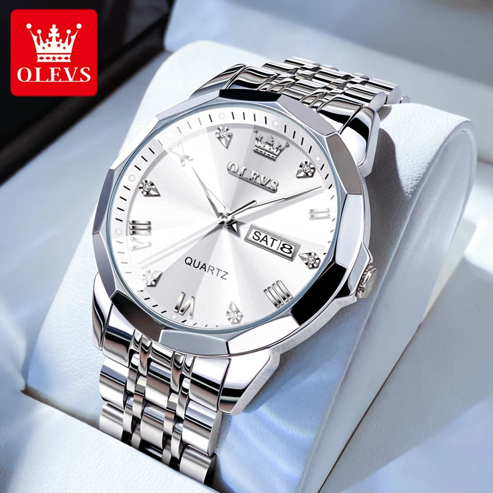 OLEVS Original Waterproof Men's Watches Diamond Mirror Quartz Watch for Man Luminous Stainless Steel Wristwatch Male Date Week
