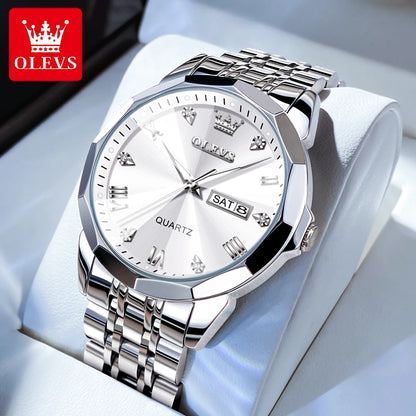 OLEVS Original Waterproof Men's Watches Diamond Mirror Quartz Watch for Man Luminous Stainless Steel Wristwatch Male Date Week
