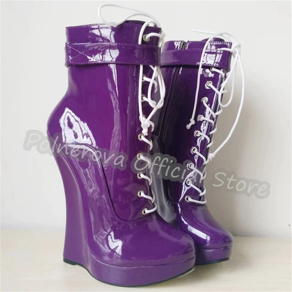 Gothic Punk Wedges Lace-Up Women Platform Boots Hoof Design Super High Heel Side Zipper Boots Unisex Pole Dance Party Shoes
