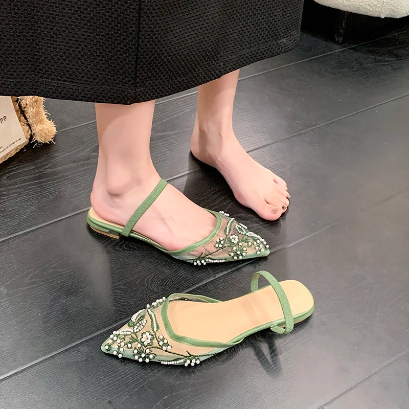 Pearl Bead Embroidery Lace Slingback Shoes Woman Luxury Floral Silk Gauze Low Heel Mules Ladies Elegant Evening Party Dress Shoe