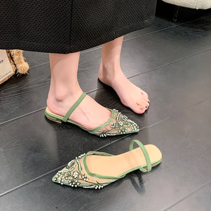 Pearl Bead Embroidery Lace Slingback Shoes Woman Luxury Floral Silk Gauze Low Heel Mules Ladies Elegant Evening Party Dress Shoe