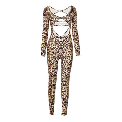 AVV Fashion Leopard Printing Long Sleeve Hollow Out Club Rompers Sexy Women's V-neck High Waist Skinny Jumpsuit Streetwear