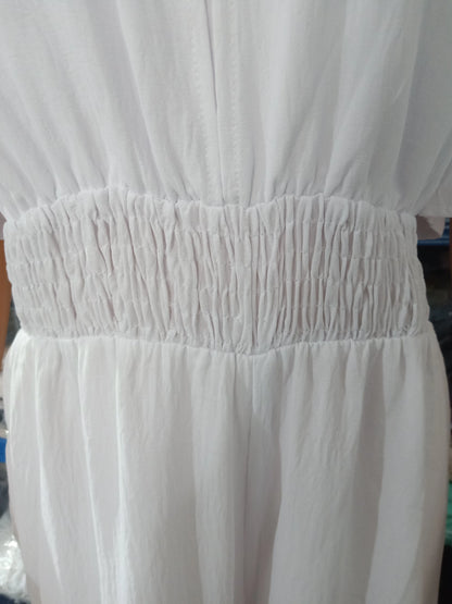 Jumpsuits for Women 2023 Spring Fashion Off Shoulder Casual Plain Short Sleeve Shirred Waist Daily Long Wide Leg Jumpsuit
