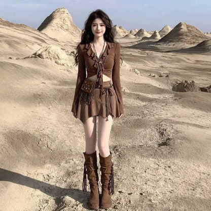 Travel Wear Desert Wasteland Style Dress Summer Maillard Western Denim Skirt Set