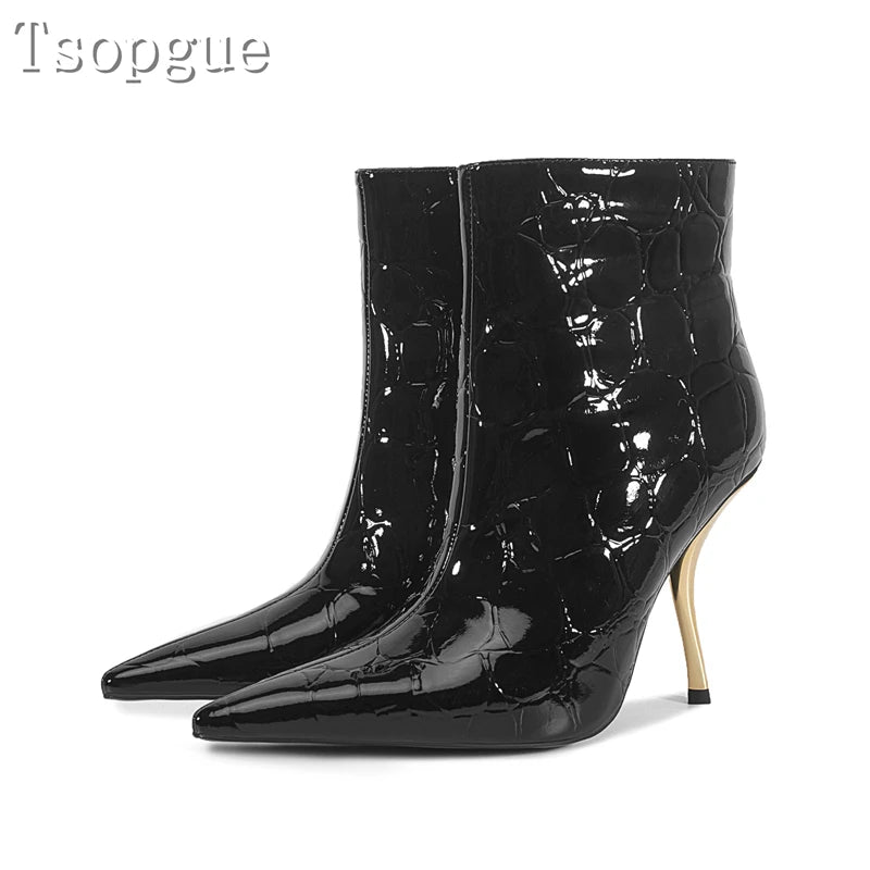 Desinger New Black Patent Leather Women Ankles Boots Pointed Toe Golden High Heels Sexy Short Boots Fashion Runway Show Shoes