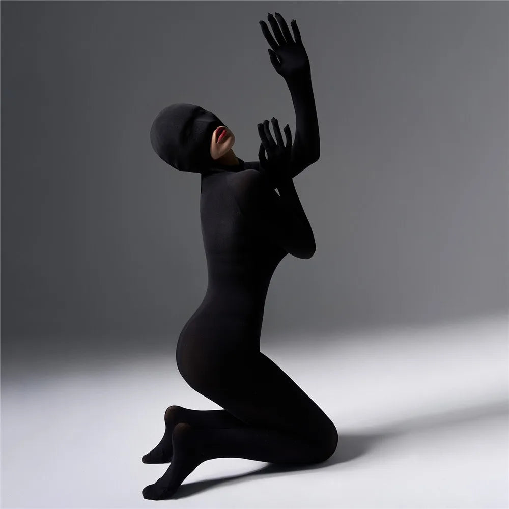 Sexy Women 120D Tights Hooded Mask Elastic Bodysuit Sheer See Through Rompers Glove Jumpsuits Cosplay Maid Leotard