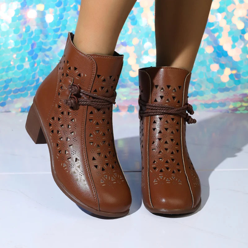 2025 Summer New Women's Fashion Hollow-Out Soft Sole Mid-Heel Ankle Boots, Retro Breathable Comfortable Shoes
