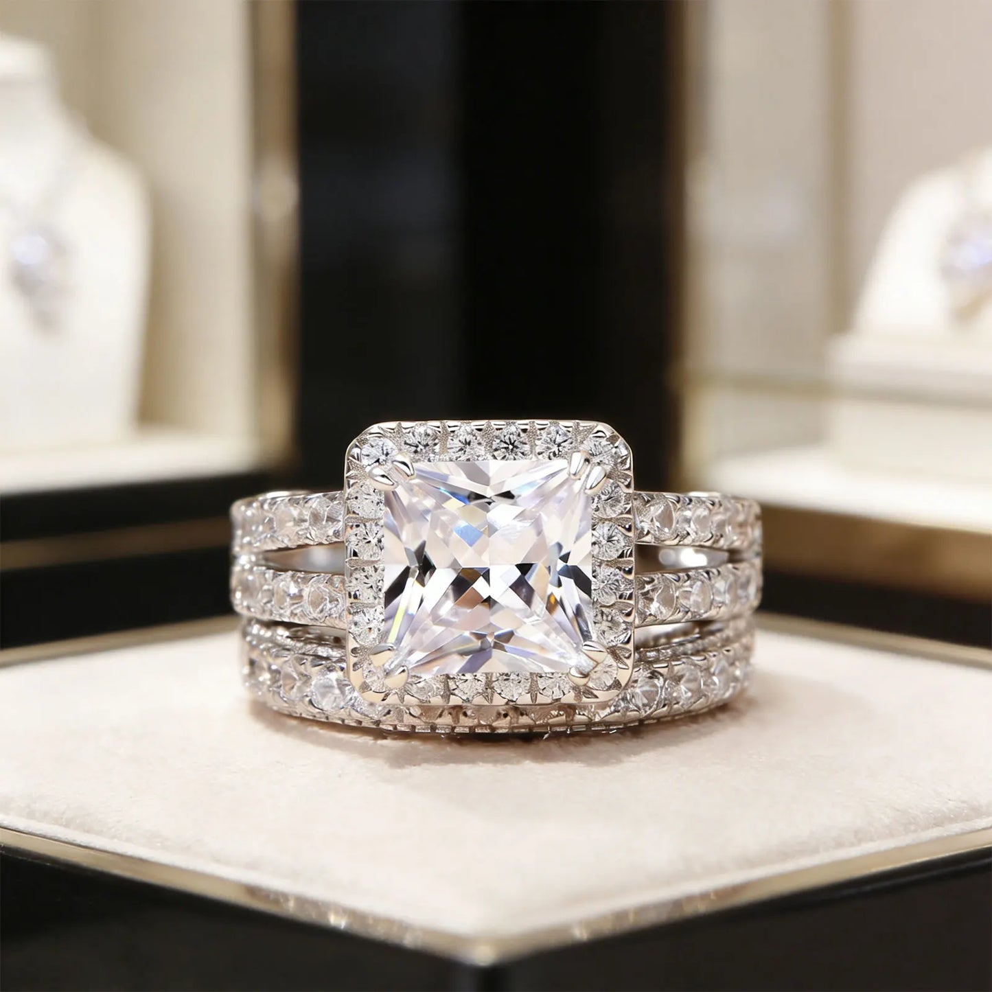 Newshe 2Pcs Solid 925 Sterling Silver Wedding Rings for Women Bridal Set 8*8mm 3CT Princess Cut 5A Cubic Zircon Fine Jewelry